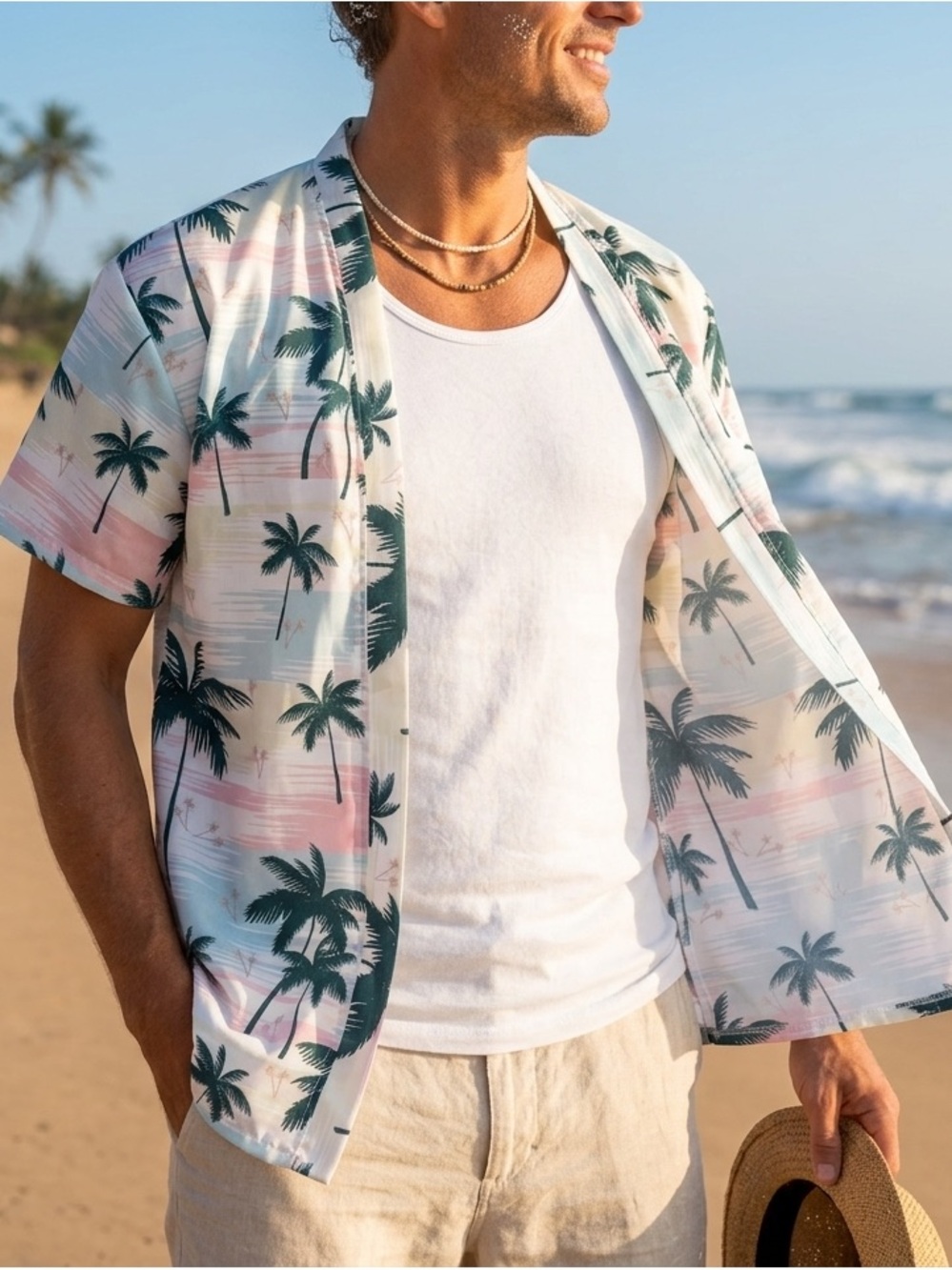Lightweight Palm-Print Short Sleeve Shirt Without buttons White/Pink/Green